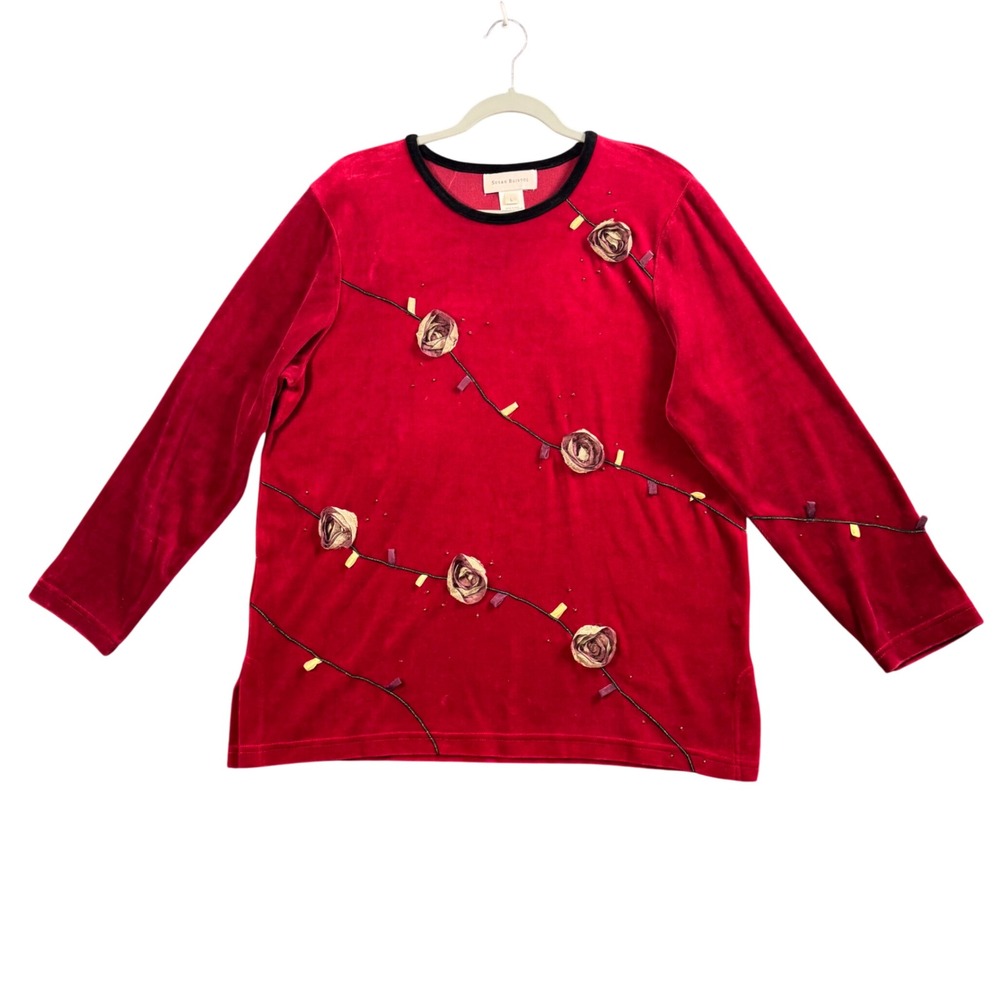 VTG Red Velvet Rose Applique Top Coquette Romantic‎ Whimsigoth L